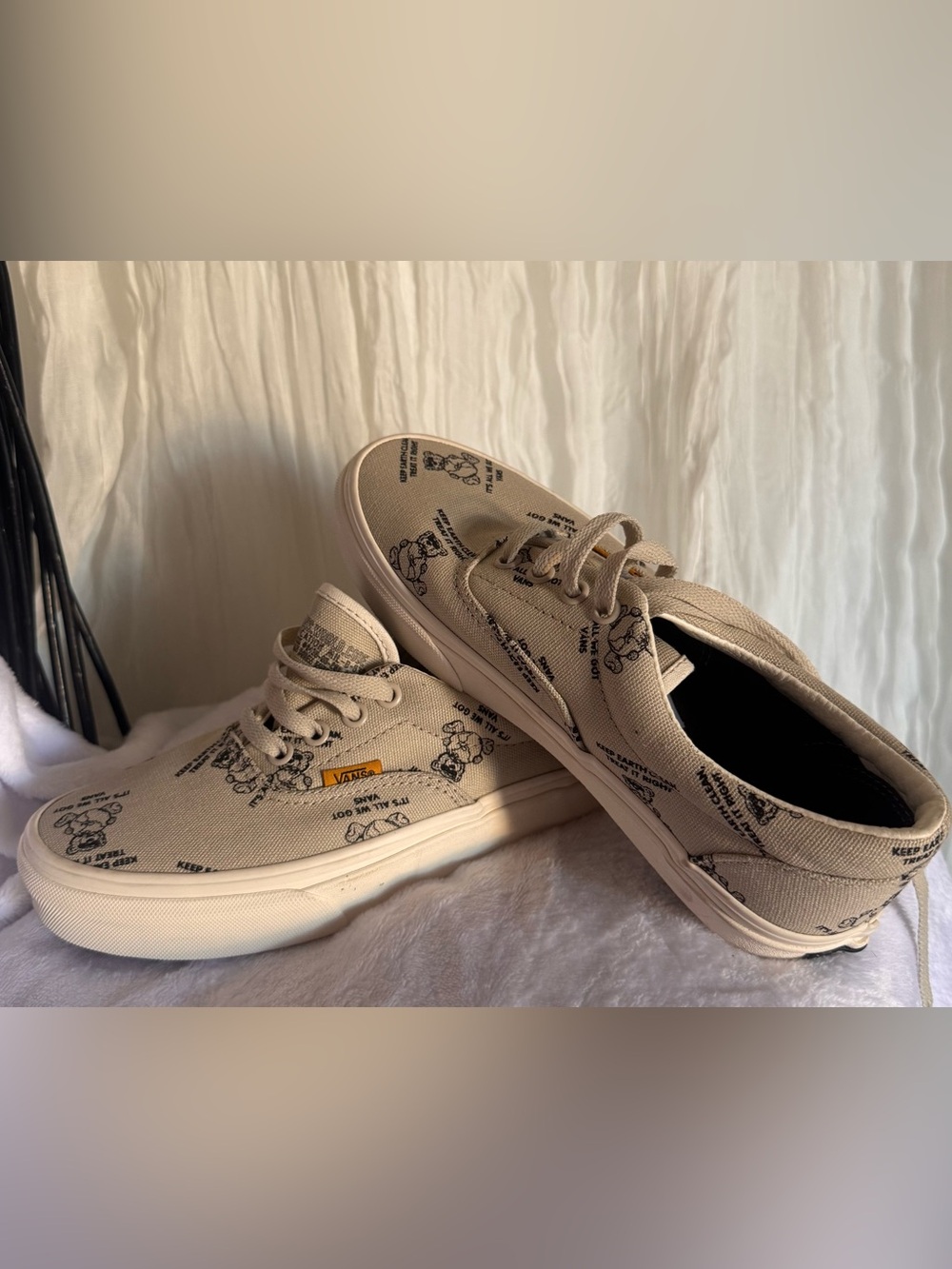 Vans Beige Canvas Sneakers with Black Printed Design. All recycled material
